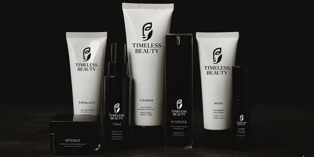 White and black ’timeless beauty’ skincare product set featuring sleek tubes, a spray bottle, and rectangular containers with minimalist branding.
